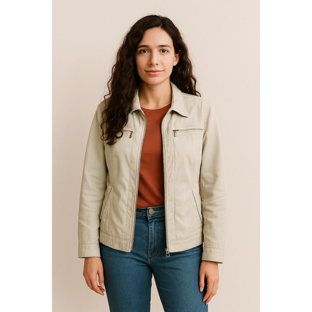 Jones New York Signature Jacket Womens L Beige Stretch Full Zip Pockets Collared